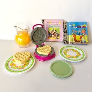 American Girl Breakfast waffles maker, juice pitcher plates and books